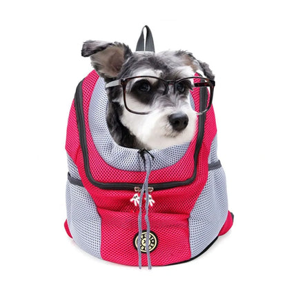 A happy dog or cat safely secured inside a comfortable pet carrier backpack, being carried by a person.