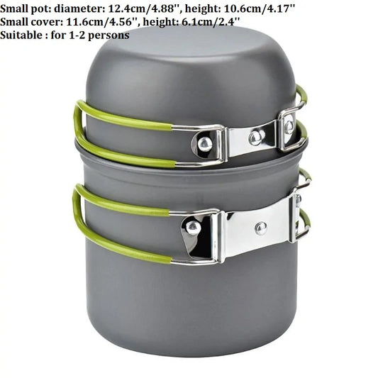 Compact outdoor camping cookware set made from durable aluminum alloy with folding pots, storage net bag, and portable wood stove for cooking in the wilderness.