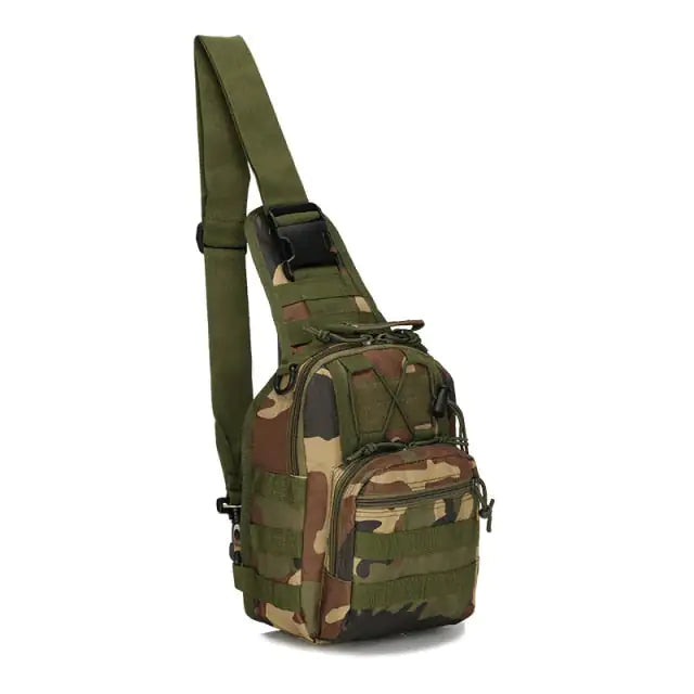 Close-up view of the Military-Style Outdoor Compact Sling Backpack's compartments and storage.