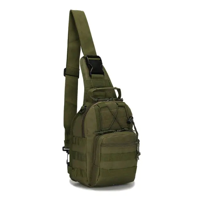 Close-up view of the Military-Style Outdoor Compact Sling Backpack's compartments and storage.