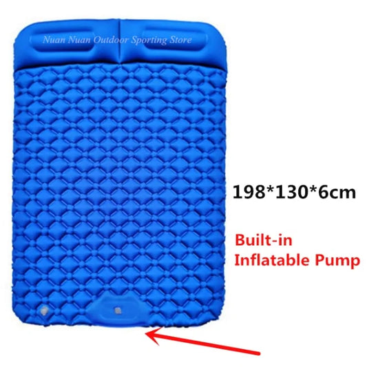 Inflatable camping mat with built-in pump, lightweight and durable for outdoor adventures.