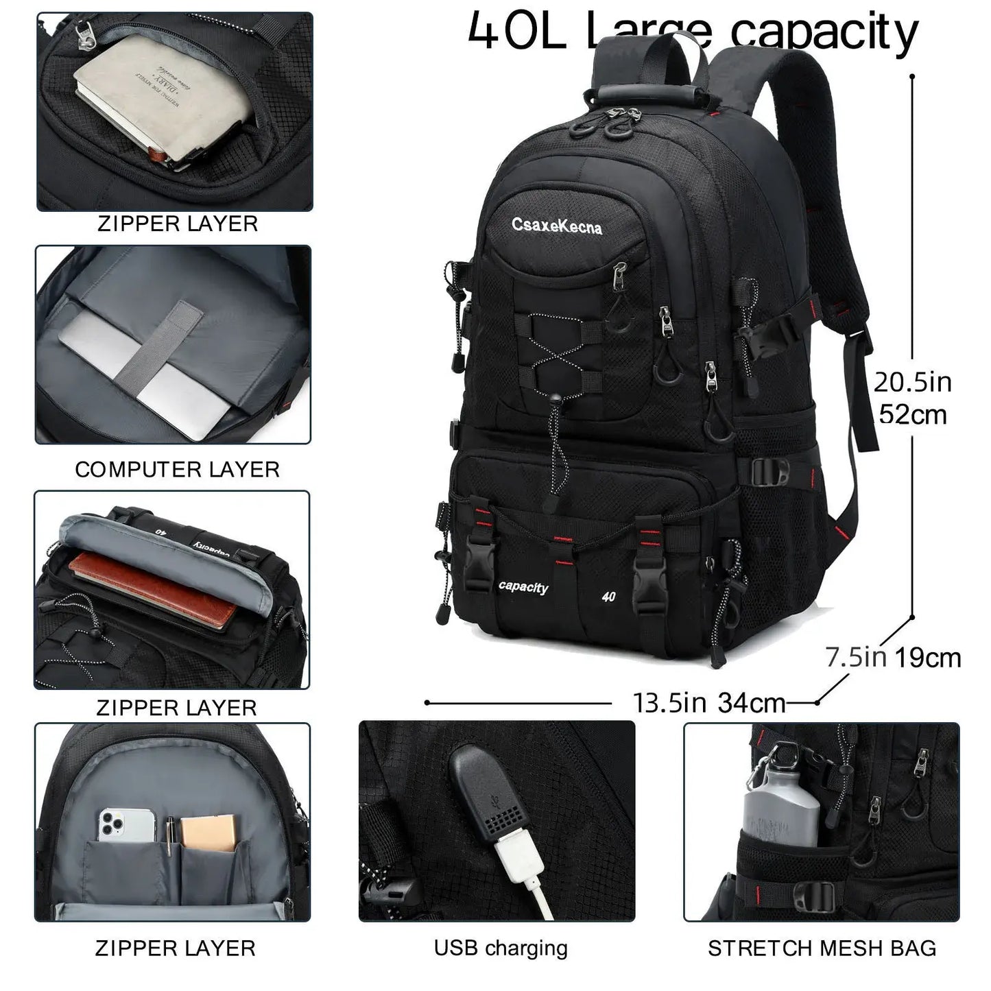 Close-up of the Waterproof Travel Backpack showcasing its waterproof zippers and compartments.