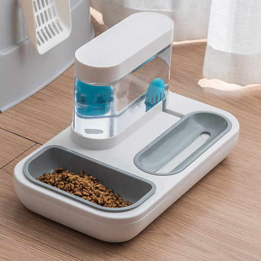 Automatic pet cat feeder and water dispenser for scheduled feeding and continuous hydration.