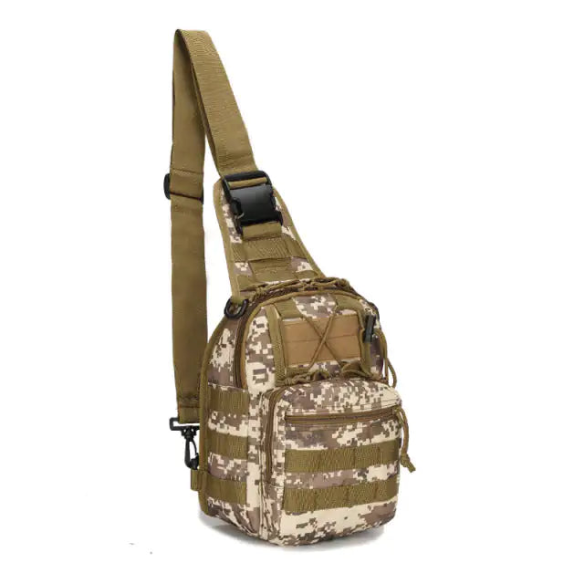 Close-up view of the Military-Style Outdoor Compact Sling Backpack's compartments and storage.