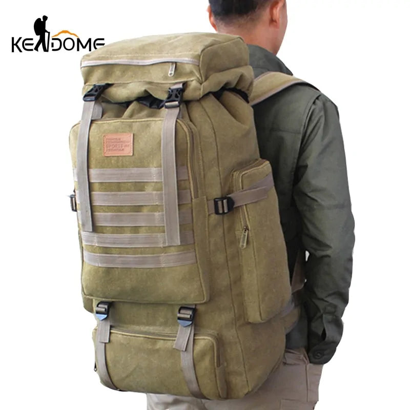 Men's tactical backpack designed for trekking and camping, featuring durable materials, spacious compartments, and adjustable padded straps for comfort and outdoor use