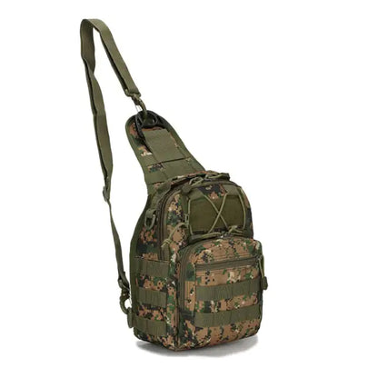 Close-up view of the Military-Style Outdoor Compact Sling Backpack's compartments and storage.