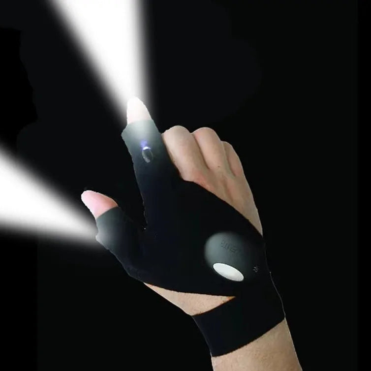 Hands wearing Flashlight Fishing Gloves with the LED lights turned on.