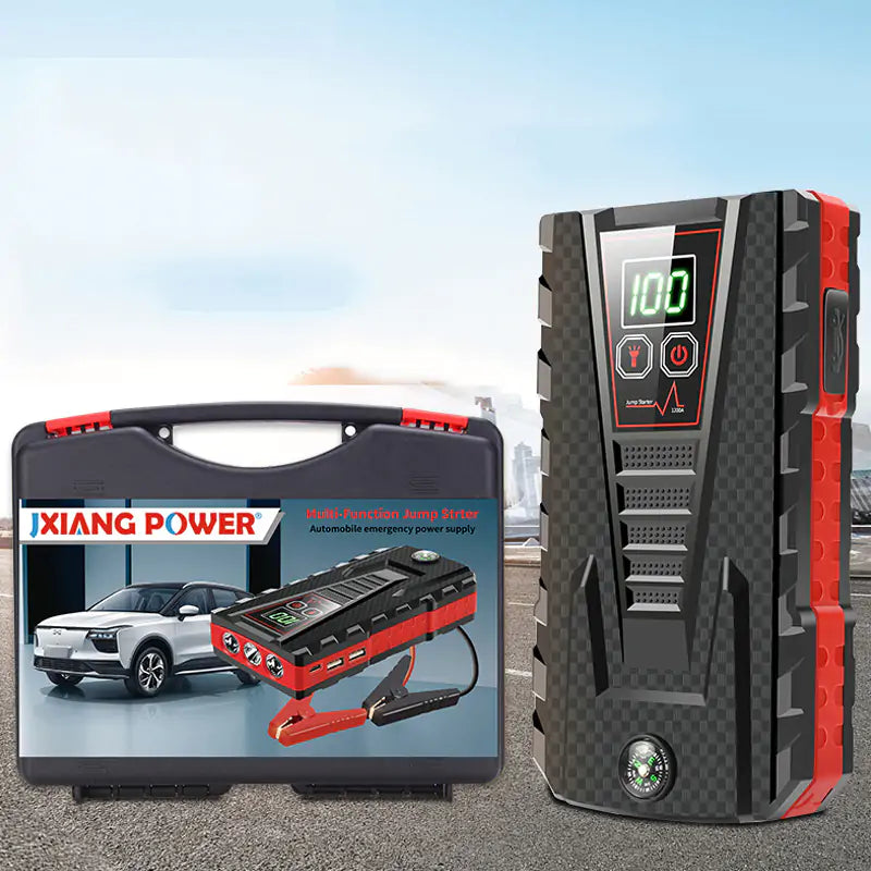 Close-up of the Portable Car Jump Starter Power Bank, showing the ports and controls.