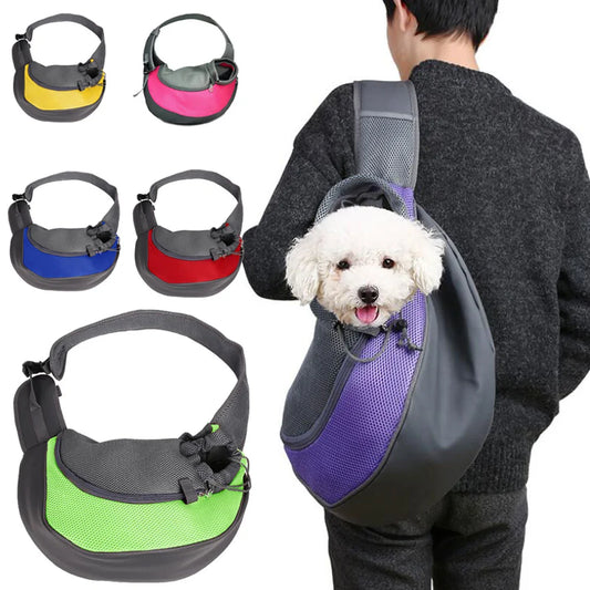 Person wearing the Pet Carrier Sling with their pet, demonstrating hands-free use.