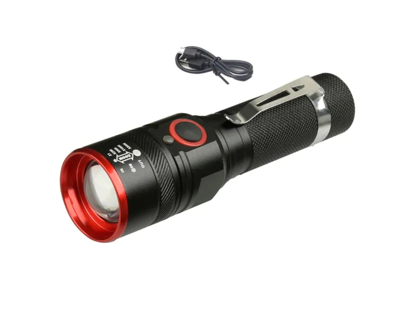 Close-up of the 5200LM flashlight, highlighting its features.