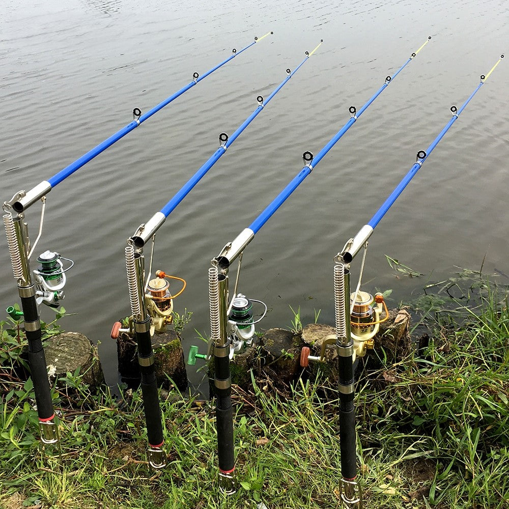 Close-up of the stainless steel automatic casting device on the fishing rod.