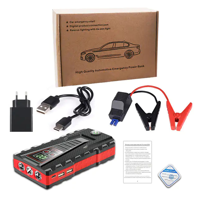 Close-up of the Portable Car Jump Starter Power Bank, showing the ports and controls.