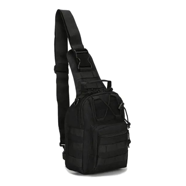 Close-up view of the Military-Style Outdoor Compact Sling Backpack's compartments and storage.