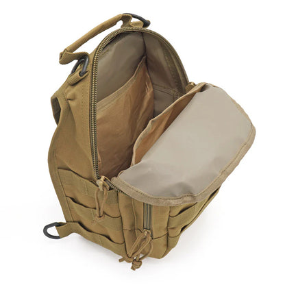 Military-style compact sling backpack with weather-resistant materials, multiple compartments, and adjustable straps for outdoor adventures and everyday use.