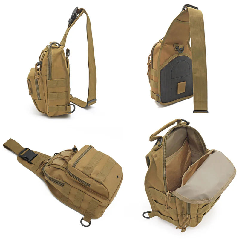 Close-up view of the Military-Style Outdoor Compact Sling Backpack's compartments and storage.