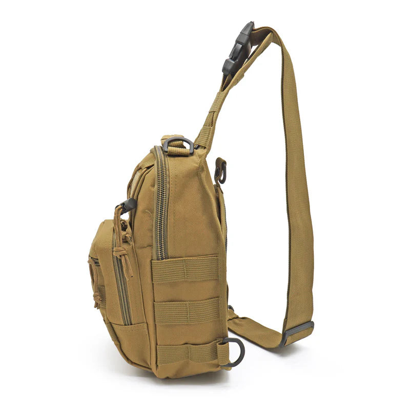 Military-style compact sling backpack with weather-resistant materials, multiple compartments, and adjustable straps for outdoor adventures and everyday use.