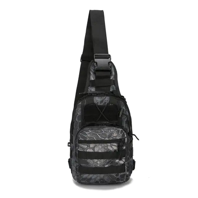 Close-up view of the Military-Style Outdoor Compact Sling Backpack's compartments and storage.