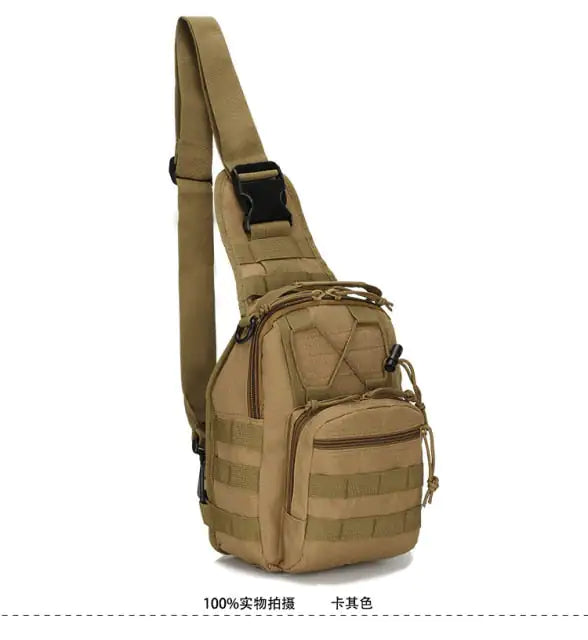 Close-up view of the Military-Style Outdoor Compact Sling Backpack's compartments and storage.