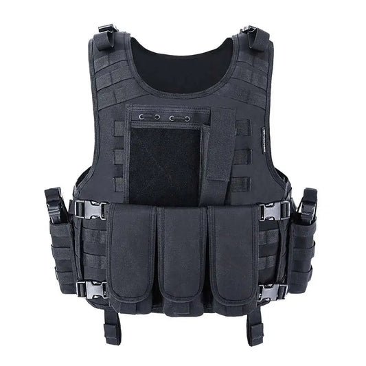 Close-up of Tactical Plate Carrier Vest's quick-release buckles and padded shoulder straps.