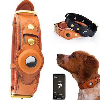 Premium leather anti-lost dog collar with adjustable buckle and D-ring.