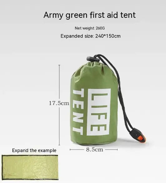 Portable outdoor disaster relief tent with quick setup, durable waterproof materials, and essential accessories including a sleeping bag and emergency blanket for camping and emergencies.