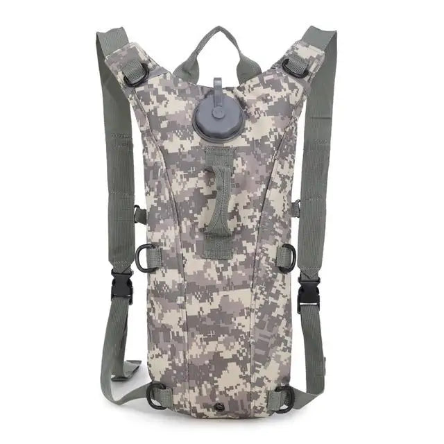 Military tactical hydration backpack with a 2.5-liter bladder, ergonomic design, and MOLLE webbing for rugged outdoor and mission use.