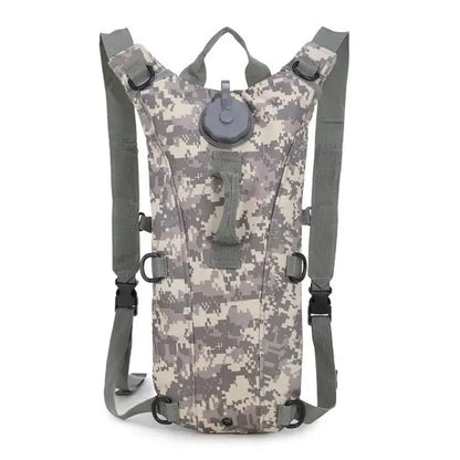 Military tactical hydration backpack with a 2.5-liter bladder, ergonomic design, and MOLLE webbing for rugged outdoor and mission use.