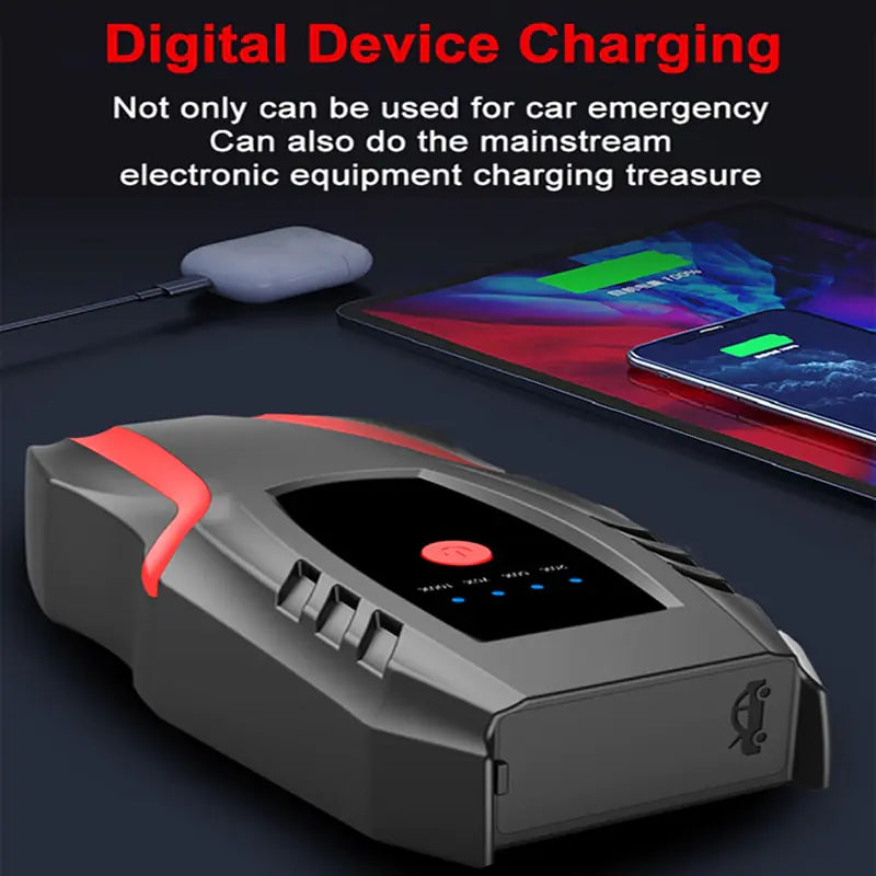 Close-up of the jump starter's ports and charging indicators.