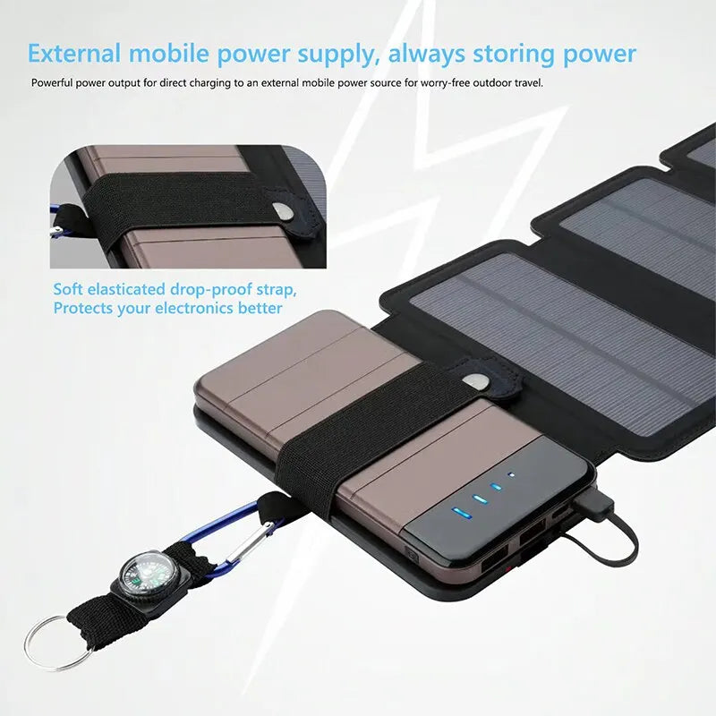 The solar panel charger folded compactly for storage.