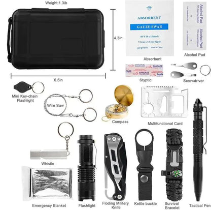 Military-Grade ABS Waterproof Survival Kit open, showing the organized contents.