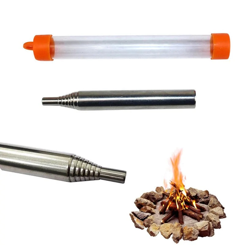 Close-up of the Outdoor Cooking Survival Blow Fire Tube, highlighting its compact design.