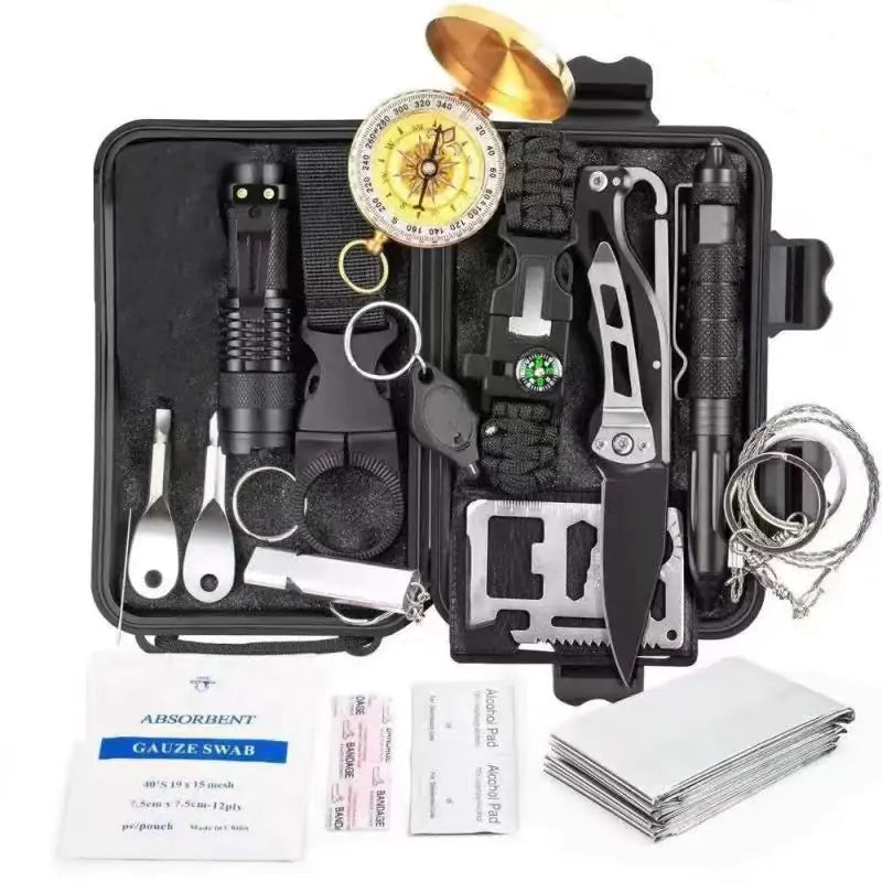 Military-Grade ABS Waterproof Survival Kit open, showing the organized contents.