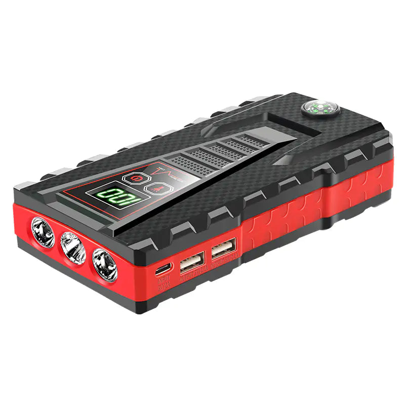 Close-up of the Portable Car Jump Starter Power Bank, showing the ports and controls.