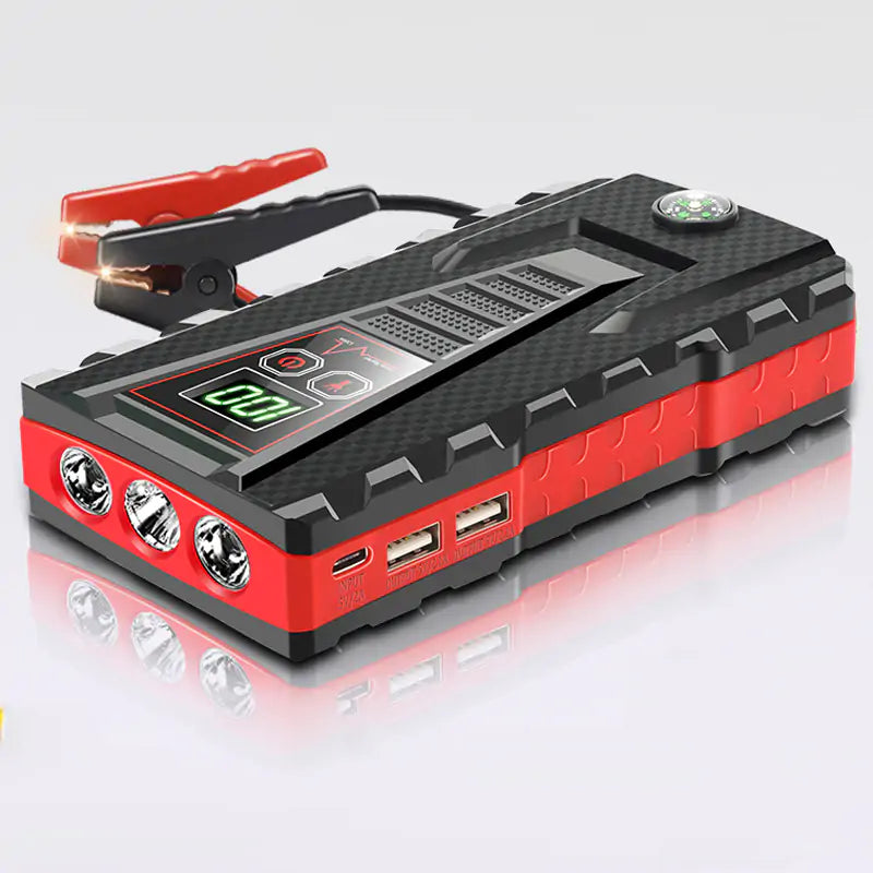 Close-up of the Portable Car Jump Starter Power Bank, showing the ports and controls.