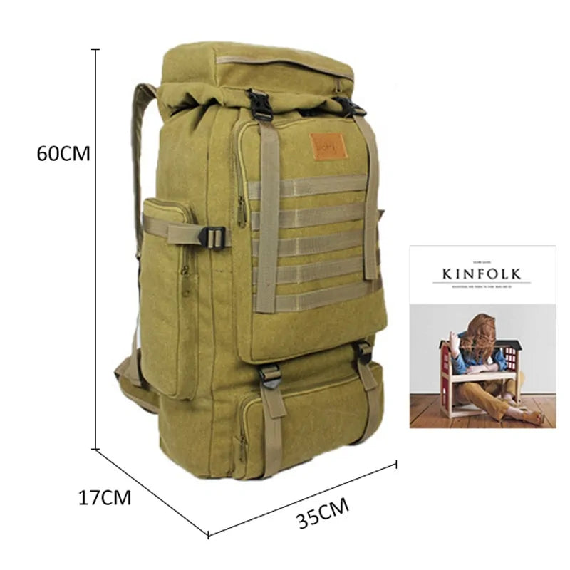 Men's tactical backpack designed for trekking and camping, featuring durable materials, spacious compartments, and adjustable padded straps for comfort and outdoor use