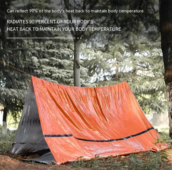 Portable outdoor disaster relief tent with quick setup, durable waterproof materials, and essential accessories including a sleeping bag and emergency blanket for camping and emergencies.