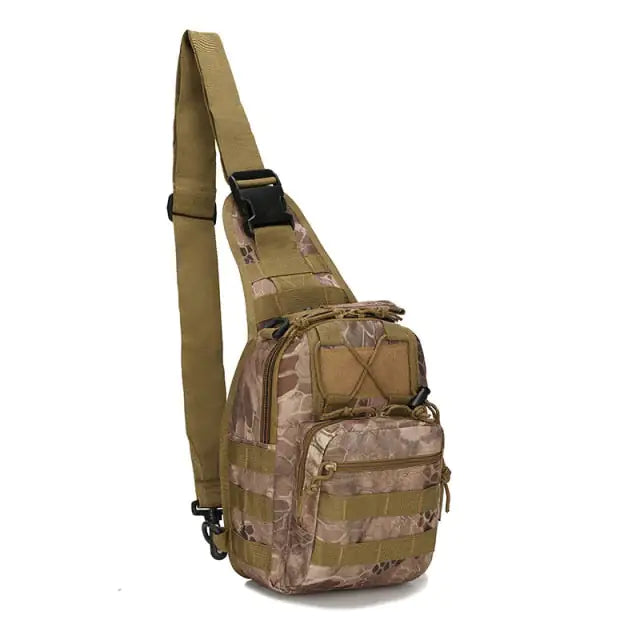 Close-up view of the Military-Style Outdoor Compact Sling Backpack's compartments and storage.