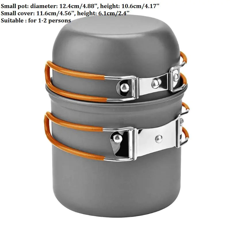 Compact outdoor camping cookware set made from durable aluminum alloy with folding pots, storage net bag, and portable wood stove for cooking in the wilderness.