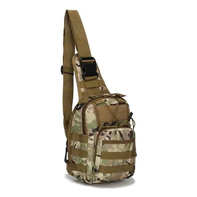 Close-up view of the Military-Style Outdoor Compact Sling Backpack's compartments and storage.