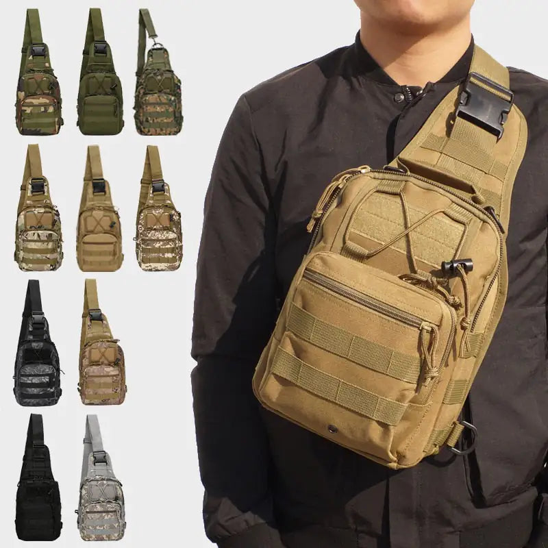 Close-up view of the Military-Style Outdoor Compact Sling Backpack's compartments and storage.