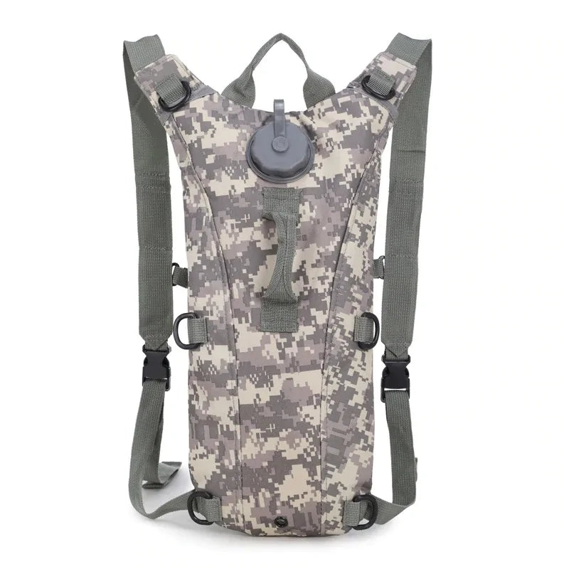 Military tactical hydration backpack with a 2.5-liter bladder, ergonomic design, and MOLLE webbing for rugged outdoor and mission use.