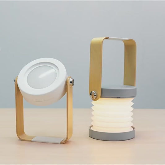 Folding Wooden LED Lantern, compact and portable for travel.