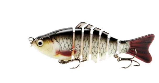 Close-up of a jointed fishing lure, showing its detail and hook.