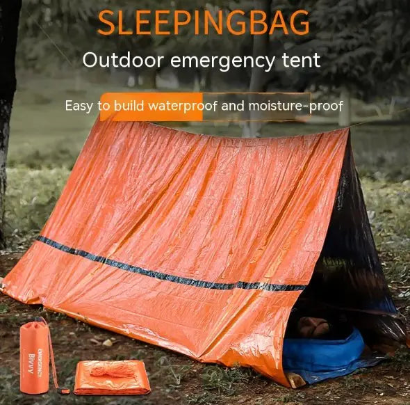 Portable outdoor disaster relief tent with quick setup, durable waterproof materials, and essential accessories including a sleeping bag and emergency blanket for camping and emergencies.