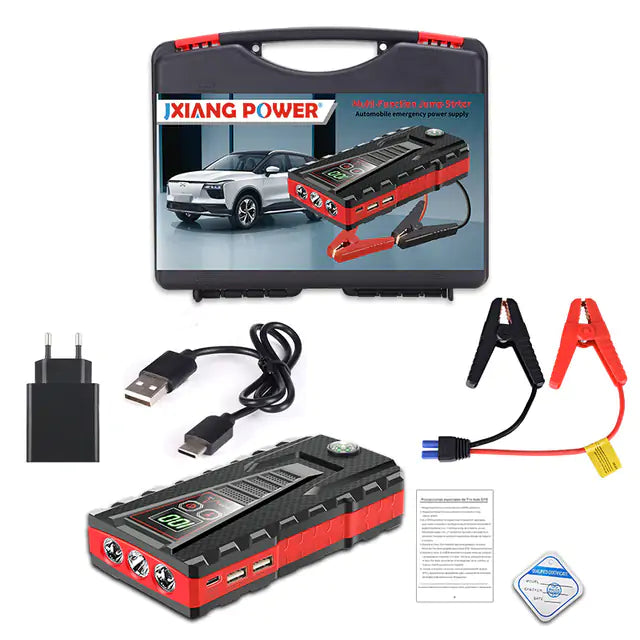 Close-up of the Portable Car Jump Starter Power Bank, showing the ports and controls.