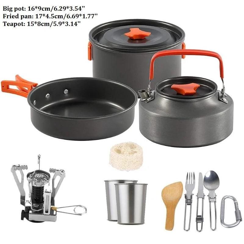 Compact outdoor camping cookware set made from durable aluminum alloy with folding pots, storage net bag, and portable wood stove for cooking in the wilderness.