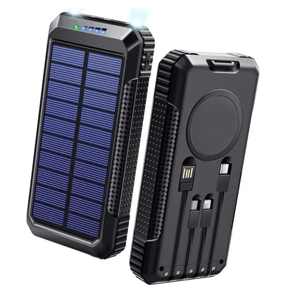 Close-up of the Solar Power Bank showing the built-in charging cable.