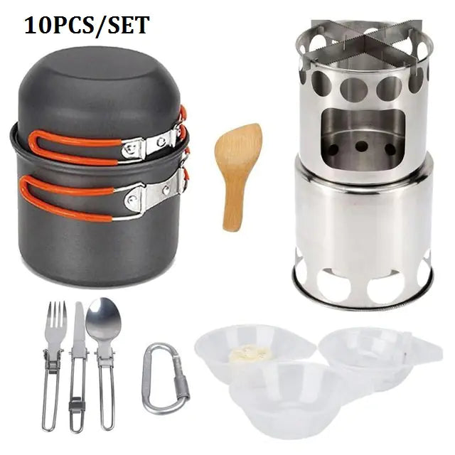 Compact outdoor camping cookware set made from durable aluminum alloy with folding pots, storage net bag, and portable wood stove for cooking in the wilderness.