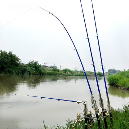 Close-up of the stainless steel automatic casting device on the fishing rod.